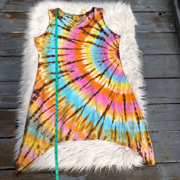 Tie Dye Colorful Hi-low 100% Cotton Sleeveless Women Tunic Dress, size S/M - Picture 7 of 9
